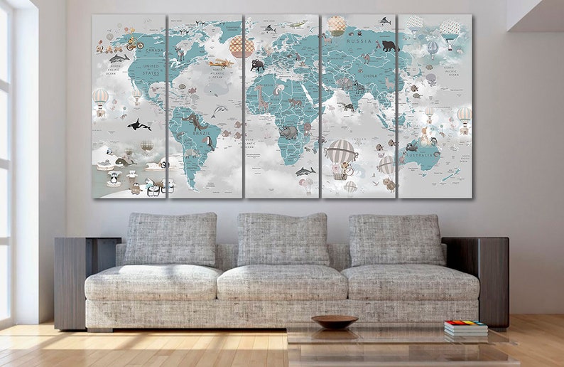 Nursery world map canvas Kids world map decor Large world map Decoration kids room art Animal map canvas kinderzimmer deko Childrens map image 9