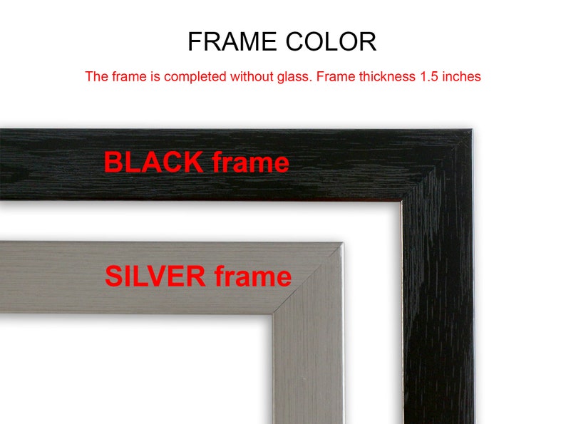 May include: Two picture frames, one black and one silver, with the text "FRAME COLOR" and "The frame is completed without glass. Frame thickness 1.5 inches" above the frames. The text "BLACK frame" is below the black frame and the text "SILVER frame" is below the silver frame.