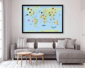 Animal World Map Canvas: Kids Nursery Decor, Framed Playroom Art