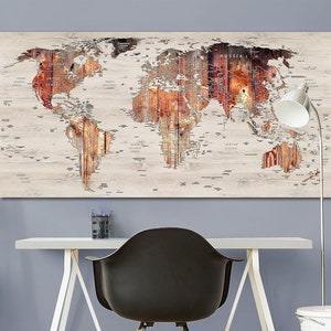 World map canvas Wood map decor Large world map Travel art Push pin map canvas Extra large wall art Travel poster Push pin canvas World map image 3