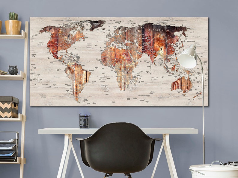 World map canvas Wood map decor Large world map Travel art Push pin map canvas Extra large wall art Travel poster Push pin canvas World map image 3