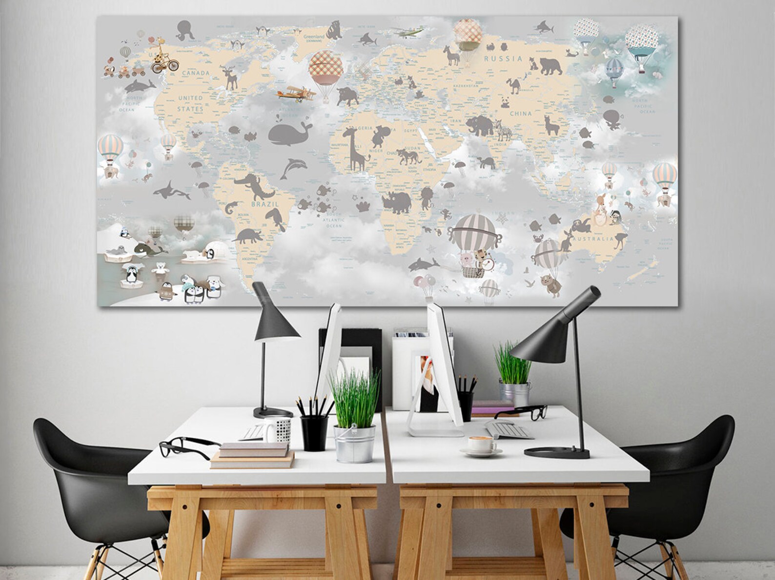 Animal World Map Canvas: Kids Nursery Wall Art Decor - Etsy