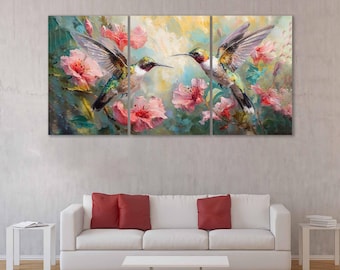 Hummingbird Floral Canvas Print Impressionist Bird Wall Art Colorful Nature Decor for Home Animal Poster