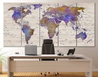 Impresión en lienzo de un mapa del mundo: arte mural grande con chinchetas de viaje