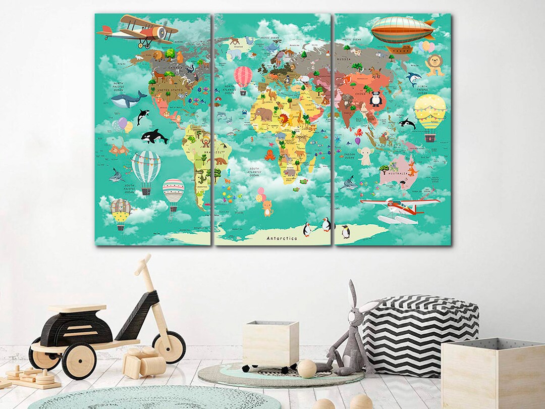 Animal World Map Canvas: Kids Nursery Decor, Large Wall Art - Etsy UK