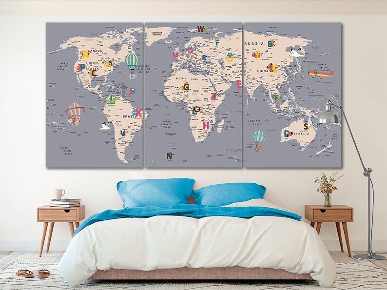 Grey World Map Canvas Kids World Map Nursery Wall Art Large Etsy