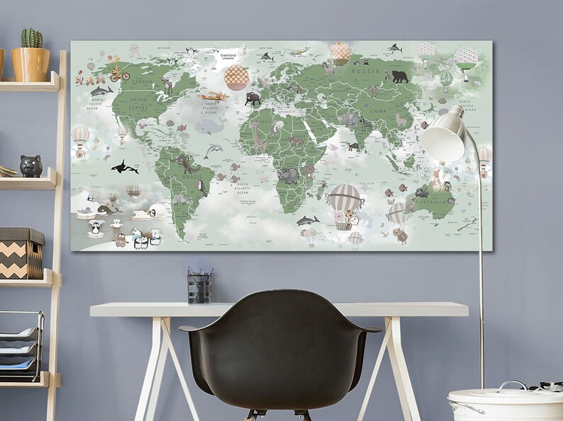 Nursery World Map Canvas Kids World Map Decor Large World Map Etsy
