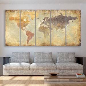 May include: A five-panel canvas print of a vintage-style world map with a distressed, aged look. The map is in shades of brown, beige, and cream, with the continents outlined in black. The word "RUSIA" is visible in the upper right corner of the map.