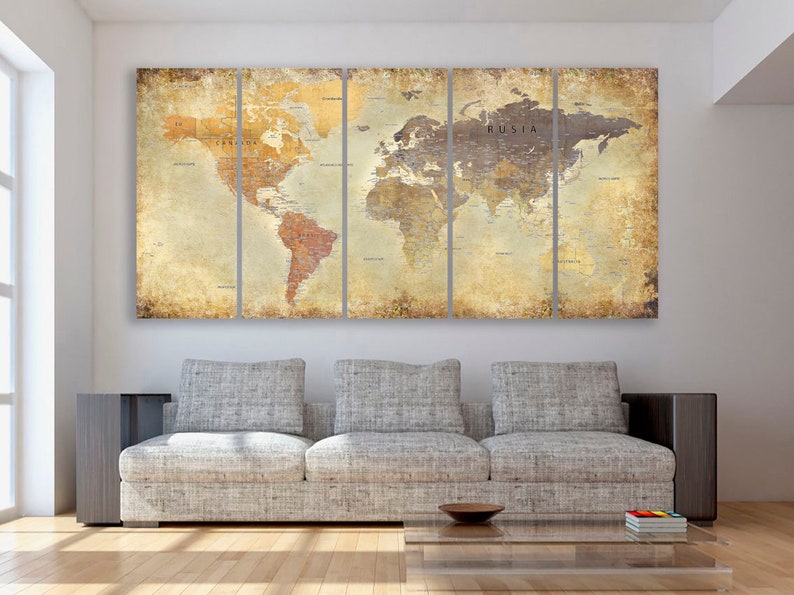 May include: A five-panel canvas print of a vintage-style world map with a distressed, aged look. The map is in shades of brown, beige, and cream, with the continents outlined in black. The word "RUSIA" is visible in the upper right corner of the map.