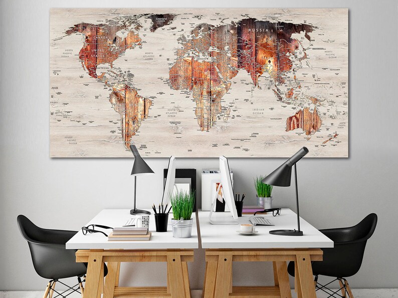 World map canvas Wood map decor Large world map Travel art Push pin map canvas Extra large wall art Travel poster Push pin canvas World map image 2