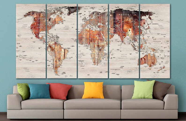 World map canvas Wood map decor Large world map Travel art Push pin map canvas Extra large wall art Travel poster Push pin canvas World map image 7