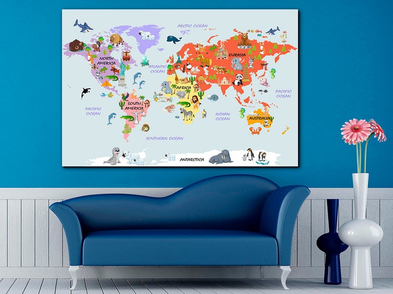 Animal world map canvas Kids world map decor Large world map Etsy