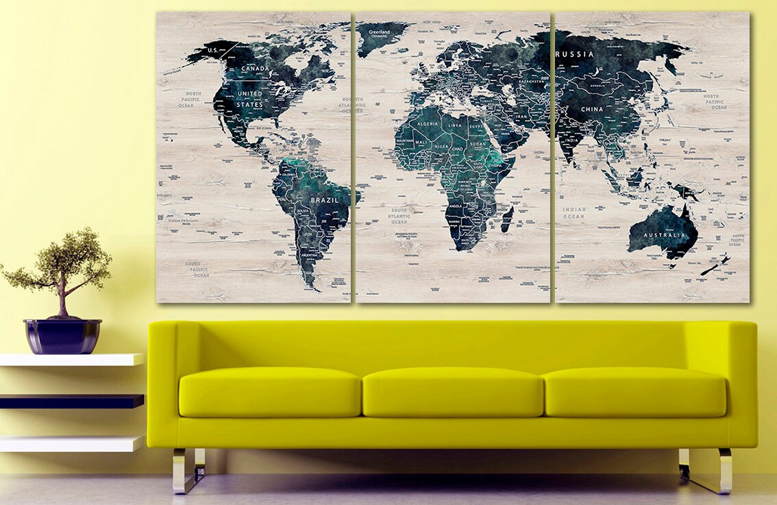 World Map Canvas World Map Decor Large World Map Travel Art Etsy Canada