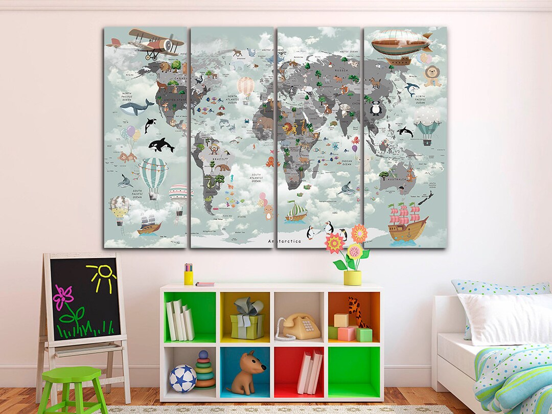 Kids World Map Canvas Kid Room Wall Decor Child Wall Art Nursery ...