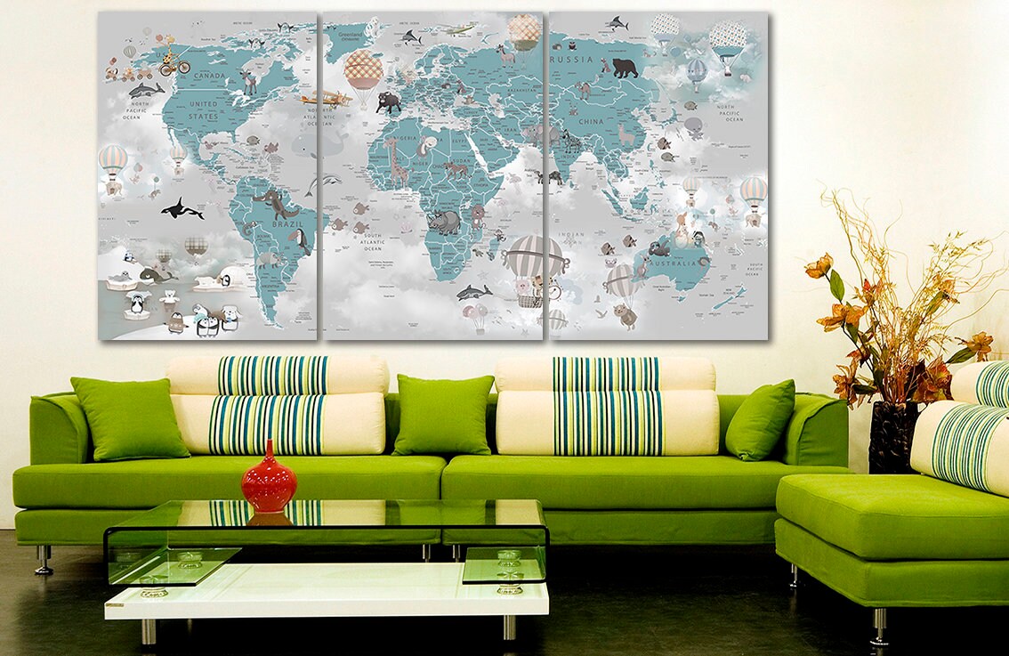 Nursery World Map Canvas Kids World Map Decor Large World Map Etsy UK