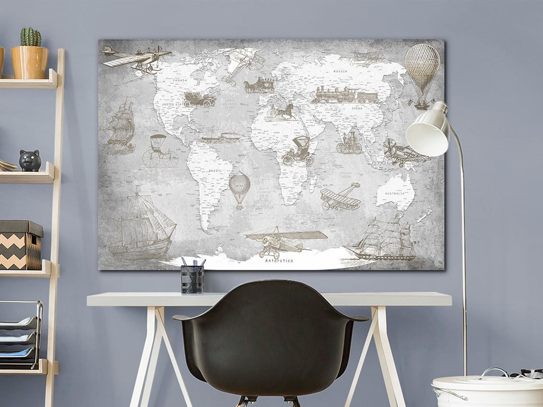 Vintage World Map Canvas Print: Kids Playroom Wall Art - Etsy
