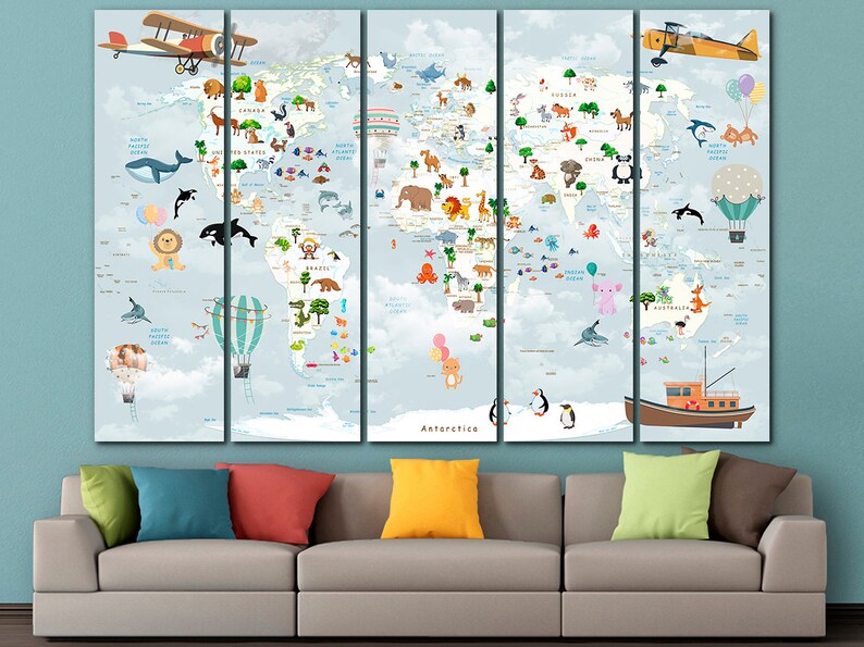 Animal World Map Canvas: Kids Nursery Decor, Large Wall Art - Etsy UK