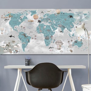 Nursery world map canvas Kids world map decor Large world map Decoration kids room art Animal map canvas kinderzimmer deko Childrens map image 2