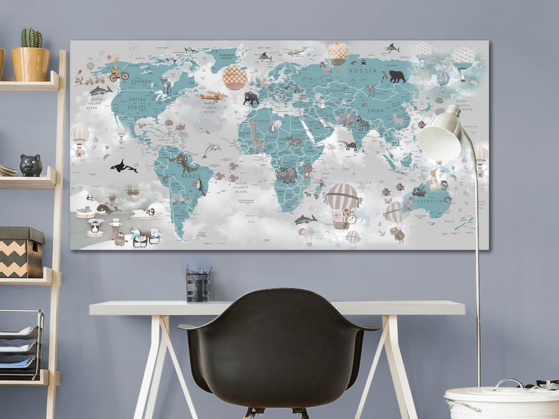 Nursery world map canvas Kids world map decor Large world map Decoration kids room art Animal map canvas kinderzimmer deko Childrens map image 2