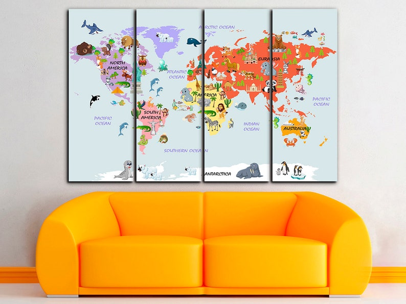 Animal world map canvas Kids world map decor Large world map Etsy