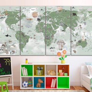 Kinderdagverblijf wereldkaart canvas Kinderen wereldkaart decor Grote wereldkaart Decoratie kinderen kamer kunst Dierenkaart canvas Extra grote kunst aan de muur Kinderkaart