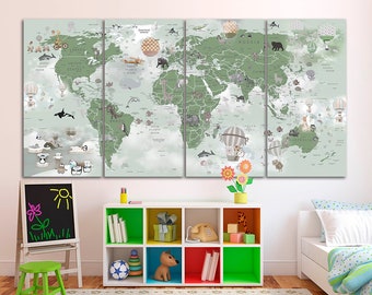 Animal World Map Canvas: Kids Nursery Decor, Large Wall Art