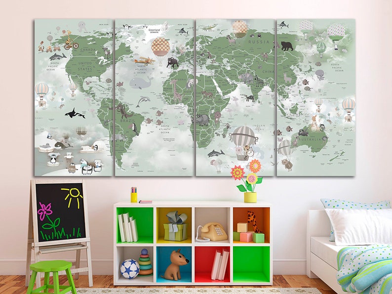 Nursery World Map Canvas Kids World Map Decor Large World Map Etsy