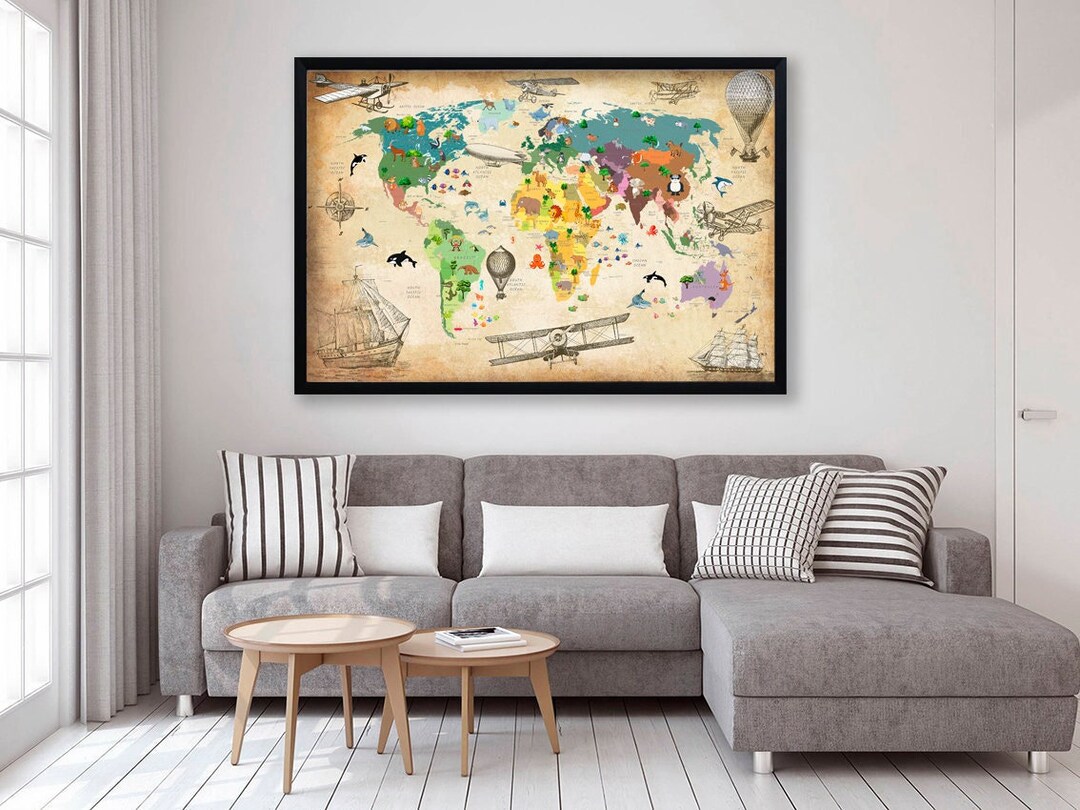 Animal World Map Canvas: Kids Nursery Decor, Large Wall Art - Etsy UK