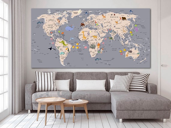 Animal world map canvas Decor for children's room Kid world map decor ...