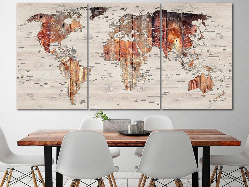 World map canvas Wood map decor Large world map Travel art Push pin map canvas Extra large wall art Travel poster Push pin canvas World map image 4