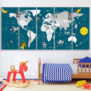 Kinderzimmer Weltkarte Leinwand Weltkarte und Weltraum Kinderzimmer Dekor Spielzimmer Wanddeko Kind Wandkunst 1. Geburtstag Dekoration Große Weltkarte