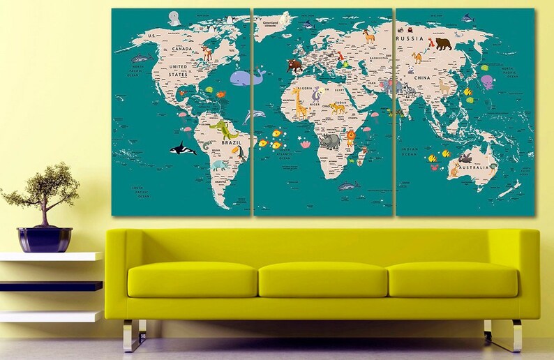 Animal World Map Canvas Kids World Map Decor Large World Map Etsy