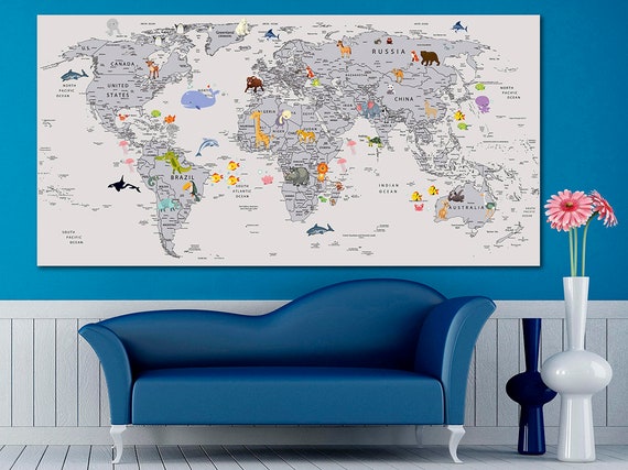 Animal world map canvas Decor for children's room Kid world map decor ...