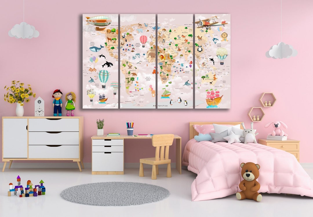 Kids Animal World Map Canvas: Nursery Wall Art Decor - Etsy