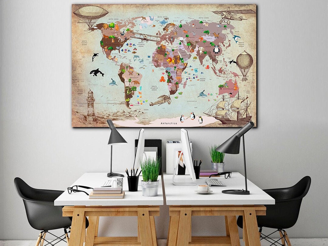Nursery World Map Canvas Kid Room Wall Decor Playroom Wall Decor Child ...