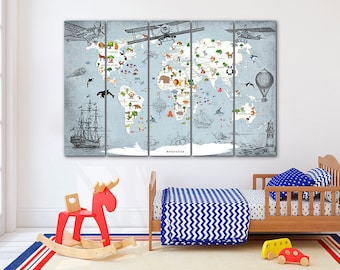 Animal world map canvas Kids world map decor Large world map Nursery art Animal map canvas Extra large wall art Travel canvas Push pin