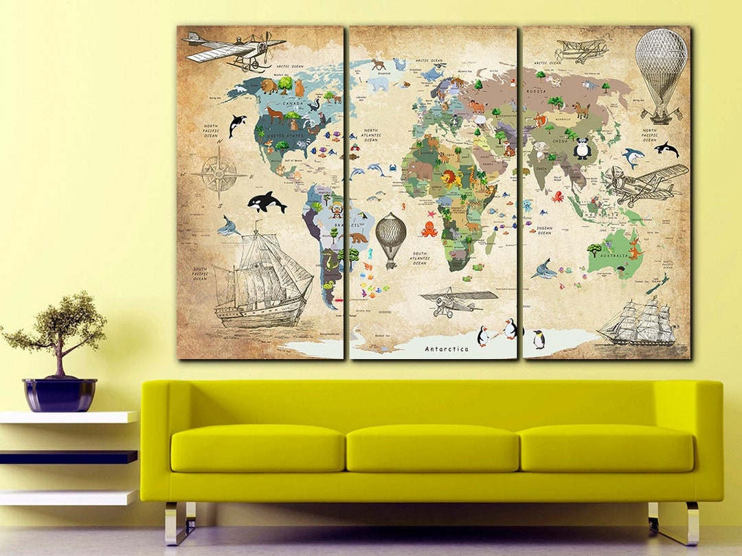 Animal World Map Canvas Print: Kids Nursery Decor, Large Wall Art - Etsy