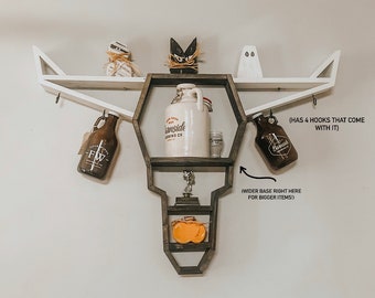 Bovine art, floating shelf, western art, cow, growler shelf, beer shelf, deer skull, growler holder, deer shelf, hunting, man cave, cowboy