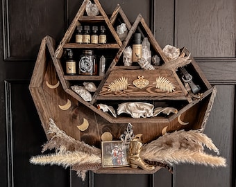 Mountain Moon Shelf, Essential Oil Storage, Witchy Crystal Display, Wood Wall Art