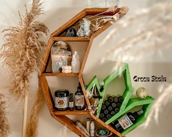 Handcrafted Wooden Moon Shelf, Crystal and Essential Oil Display