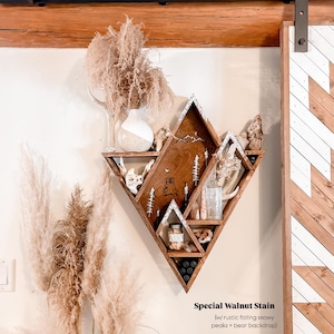 triangle shelf, mountain shelf, altar, woodland nursery, wood wall art, essential oils, crystal shelf, witchy things, boho home decor