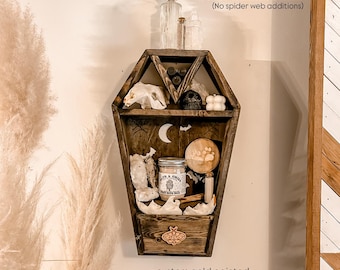 Handmade Wooden Coffin Shelf, Witchy Decor with Bats & Spiderwebs