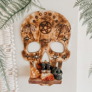 Skulls, spooky art, Halloween, crystal shelf, essential oil shelf, man cave, witchy, wood shelf, wall shelf, plant shelf, floating shelves