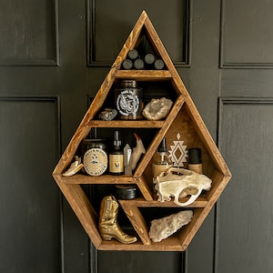 diamond shelf, tribal print, Aztec print, boho, bohemian wall hanging, triangle shelf, crystal shelf, essential oil shelf, witch decor