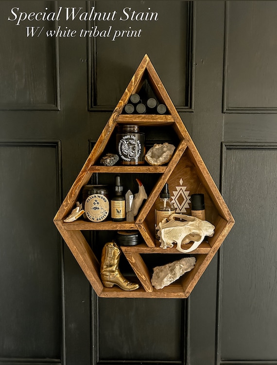 Handmade Diamond Shelf, Tribal Print, Boho Decor, Crystal Display