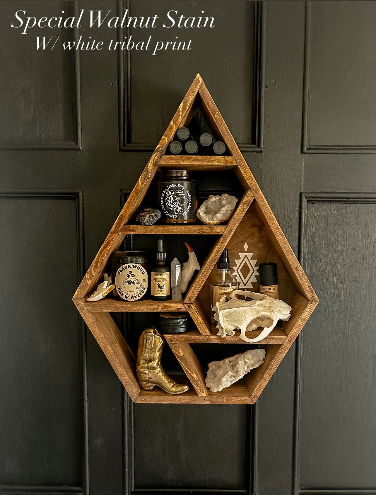 Handmade Diamond Shelf, Tribal Print, Boho Decor, Crystal Display