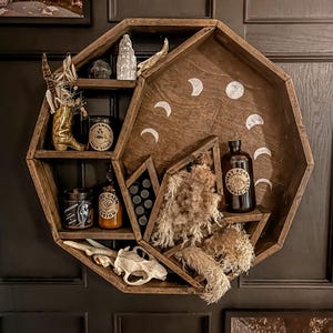 Moon shelf, floating shelves, witchy, crystal shelf, essential oil storage, wall shelf, wood art, wall art, wood shelf, celestial, whimsical