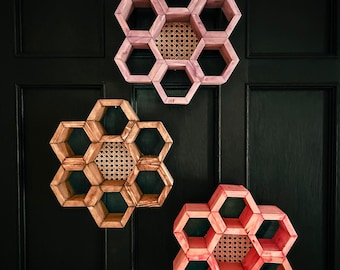Handmade Flower Shaped Wood Floating Shelf, Rattan Center, Boho Wall Decor