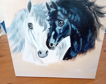 tableau peinyure acrylique verni duo de tetes de chevaux