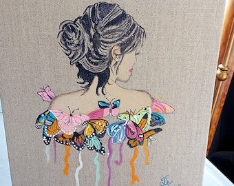 Mit Acrylfarbe bemalt und lackiert, um die Farbe „Frau mit Schmetterlingen“ auf 30/24-Leinenleinwand beizubehalten